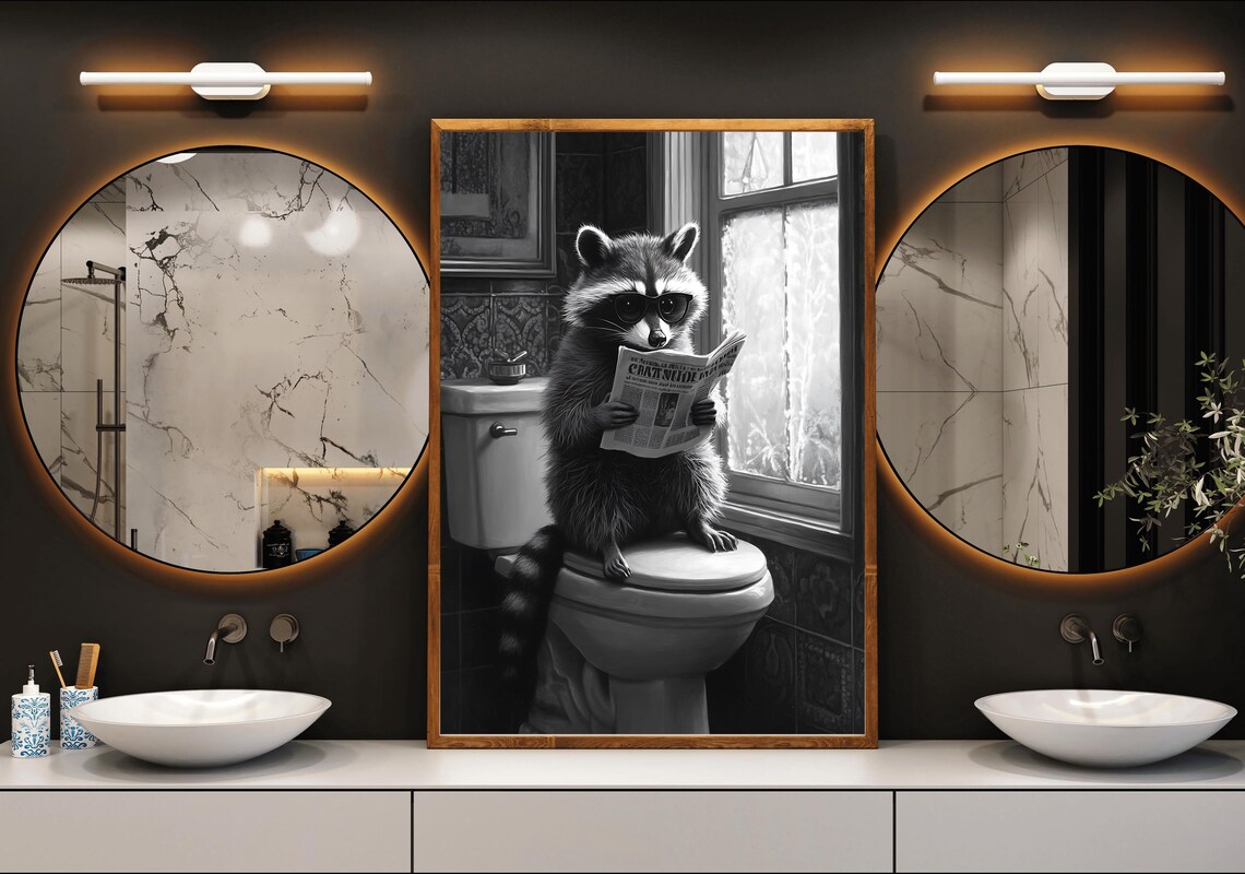 Raccoon Sitting On Toilet Reading Newspaper Black And White Poster - Image 3