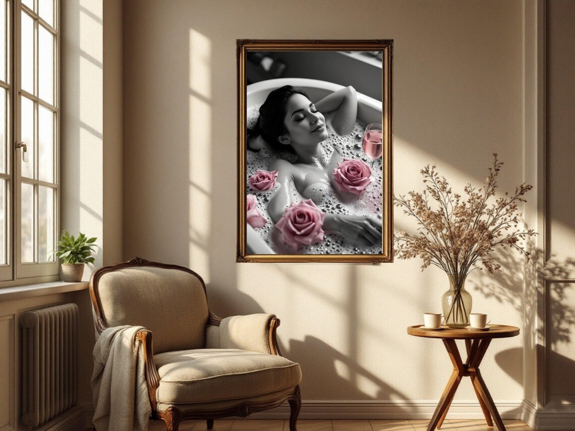 Relaxed Woman In Bubble Bath With Pink Roses And Rose Wine Poster - Image 2
