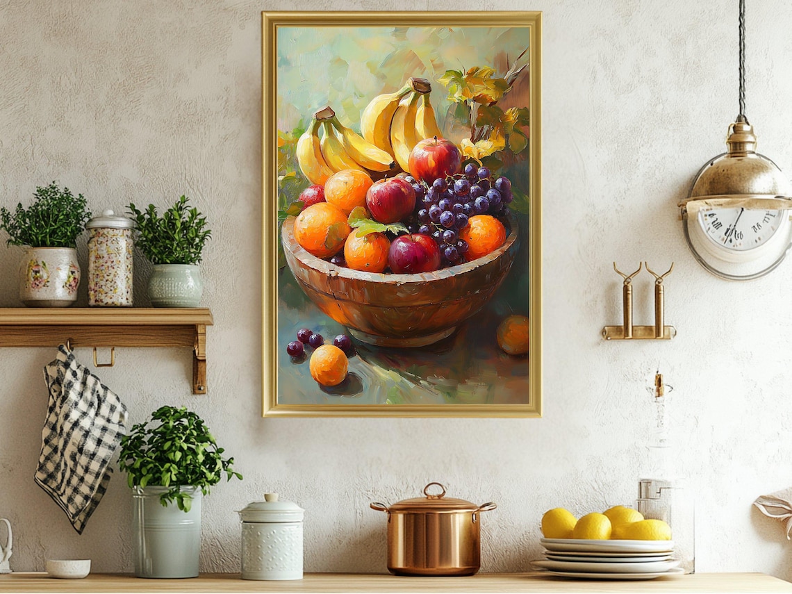 Vibrant Fruit Bowl Art Print Colorful Kitchen Wall Decor Fresh Fruit Print Food Inspired Artwork Rustic Kitchen Wall Art