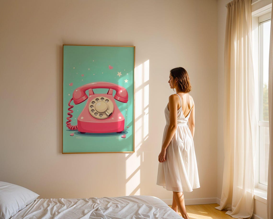 Pink Retro Rotary Phone Teal Background Cute Kawaii Decor Art Print - Image 4