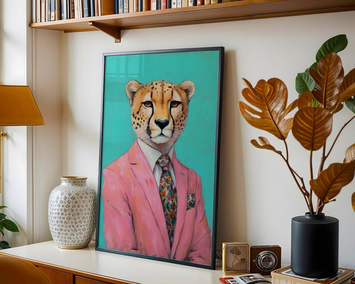 Dapper Cheetah In A Pink Suit With Tie On Turquoise Background Poster - Image 5