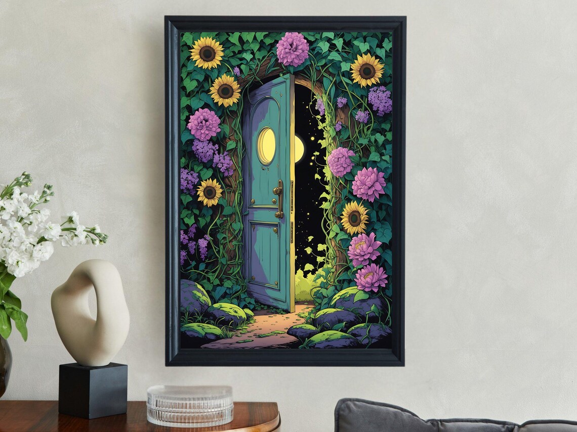 Teal Garden Door Night Portal Moonlit Stars Flower Art Print