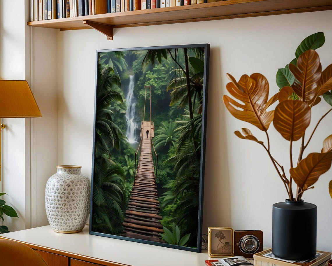 Long Suspension Bridge Crossing Over a Jungle Waterfall Poster - Image 3