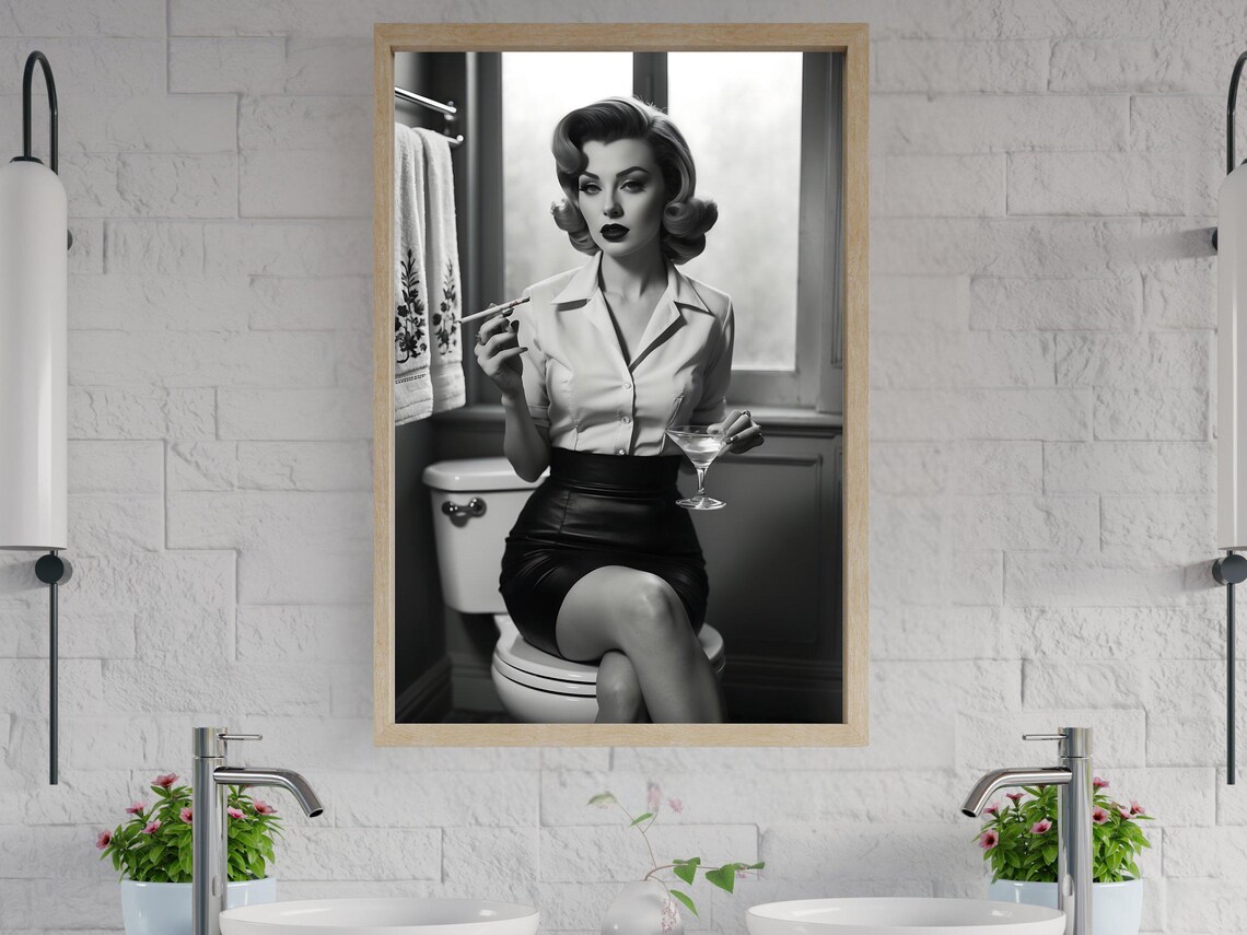 Retro Pin Up Woman With a Martini Sitting on a Toilet Poster