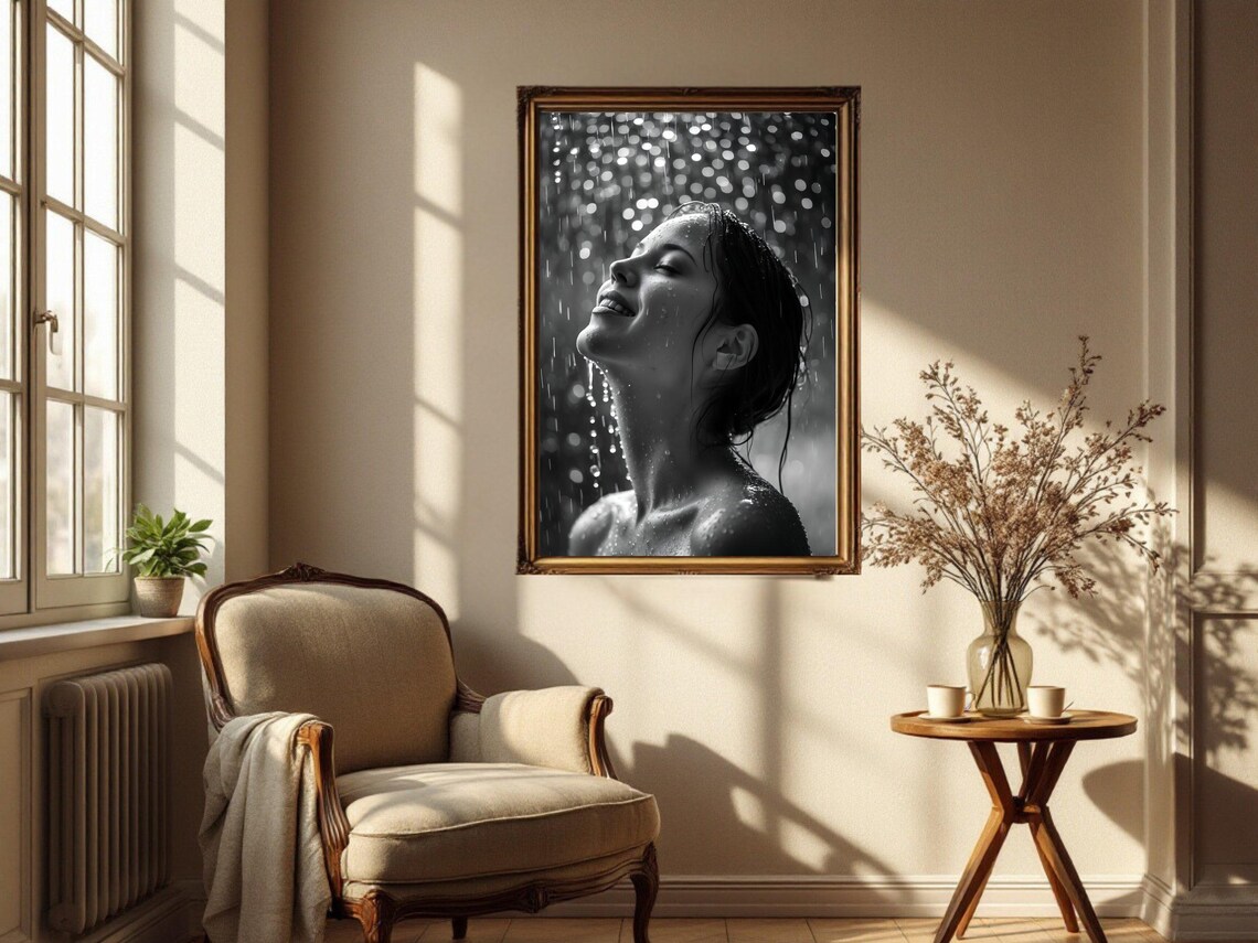 Black And White Rain Portrait Of A Joyful Woman In Summer Rain Poster - Image 2