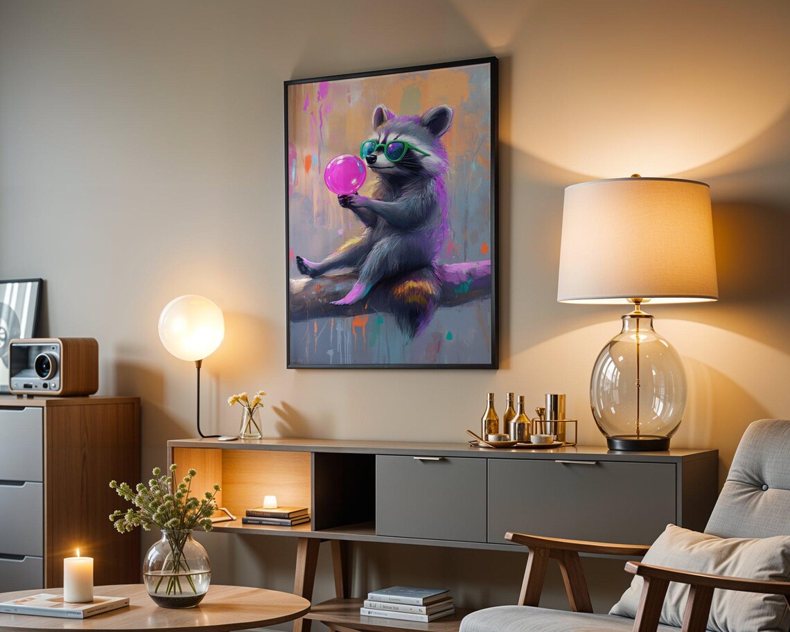 Cool Raccoon With Green Sunglasses Blowing Pink Bubble Poster - Image 3