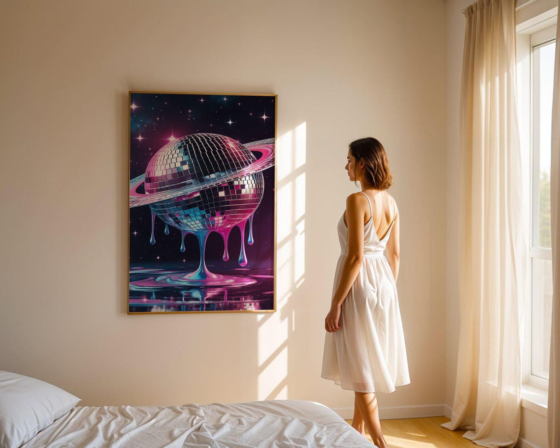 Melting Disco Ball Planet With Saturn Ring Neon Space Art Poster - Image 3