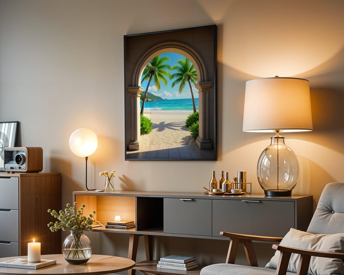 Tropical Palm Beach View Through Stone Archway Terrace Poster - Image 5