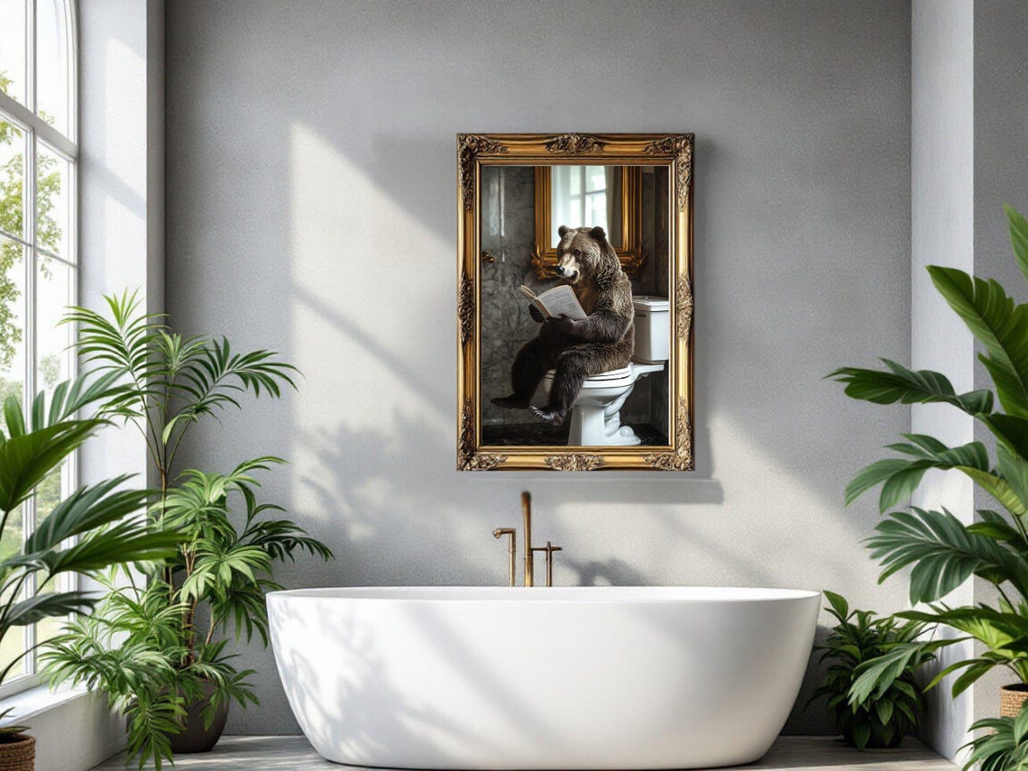 Bear Sitting on a Toilet Reading a Book in a Marble Bathroom Poster - Image 3