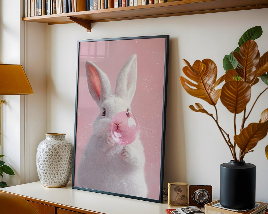White Bunny Blowing A Pink Bubblegum Bubble On Pastel Pink Poster - Image 2