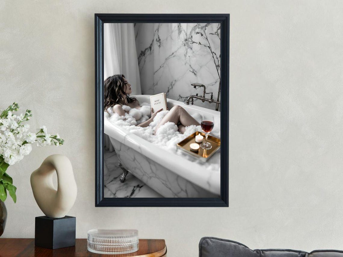 Woman Reading In A Bubble Bath With Wine And Candle Tray Poster - Image 3