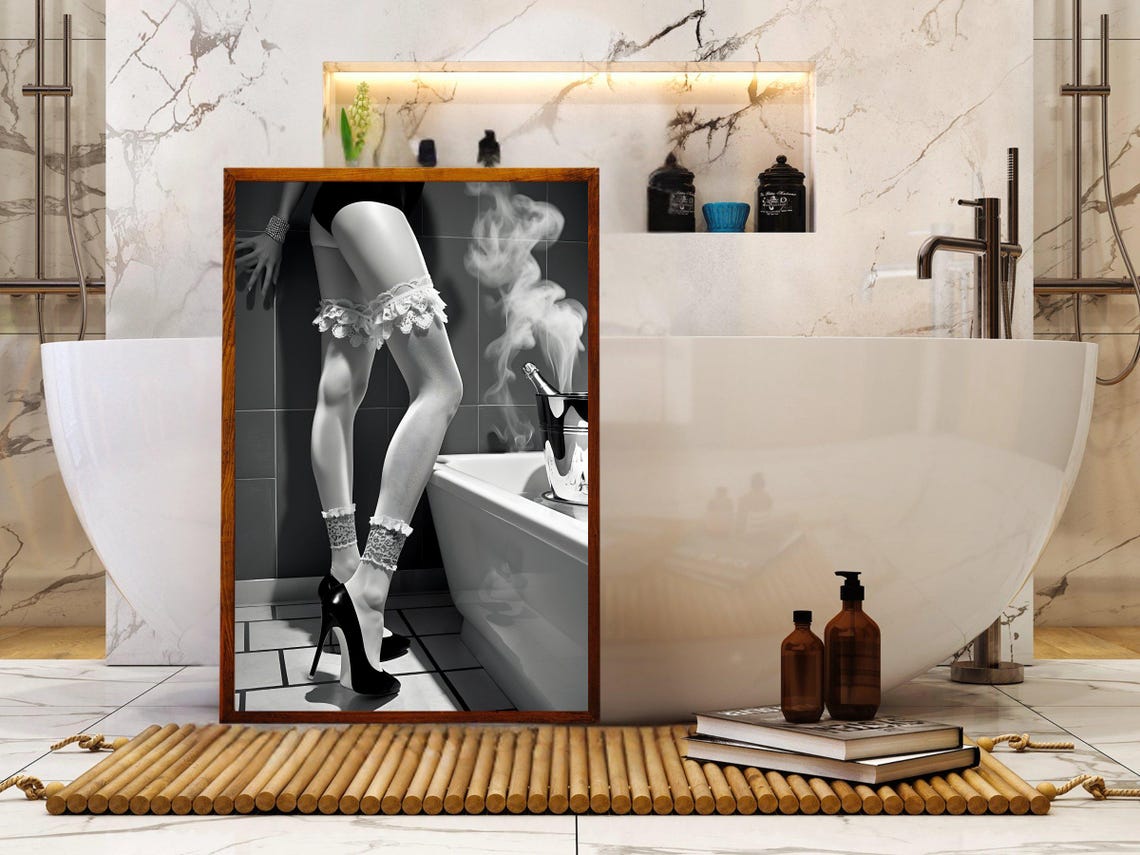 Woman's Legs in Lace Garters and Heels Beside a Bathtub Poster - Image 5