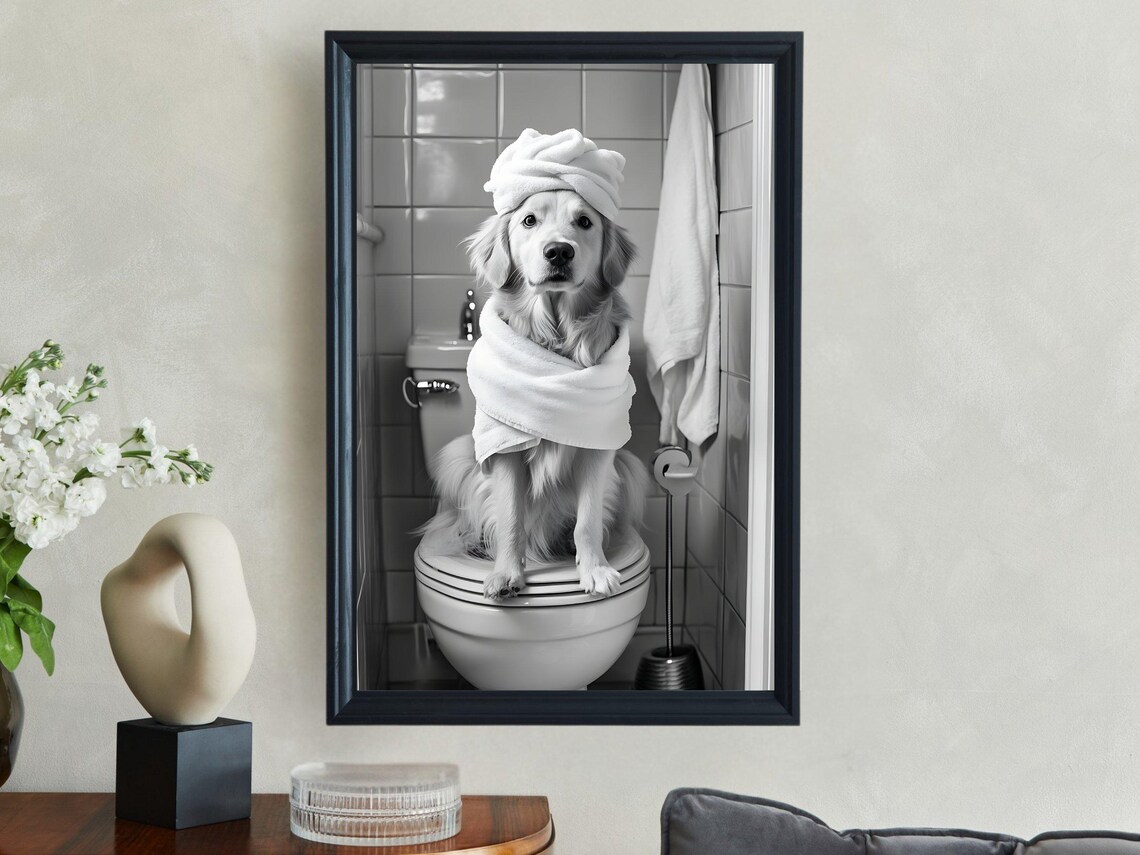 Golden Retriever Wrapped in Towels Enjoying a Spa Day on Toilet Poster - Image 2