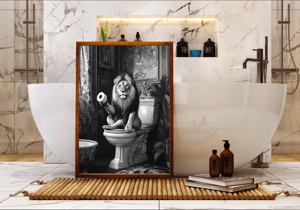 Lion Sitting On A Toilet Holding A Toilet Paper Roll Black White Poster - Image 5