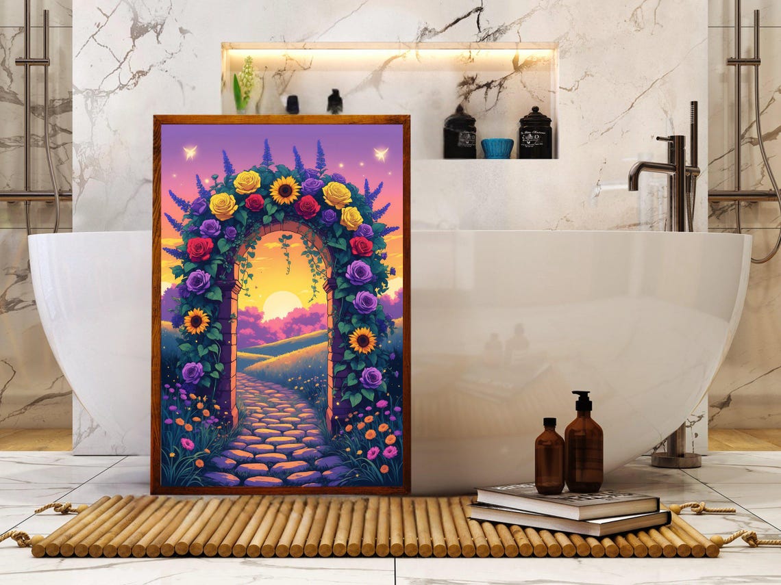 Flower Covered Stone Archway Over A Cobblestone Path At Sunset Poster - Image 5