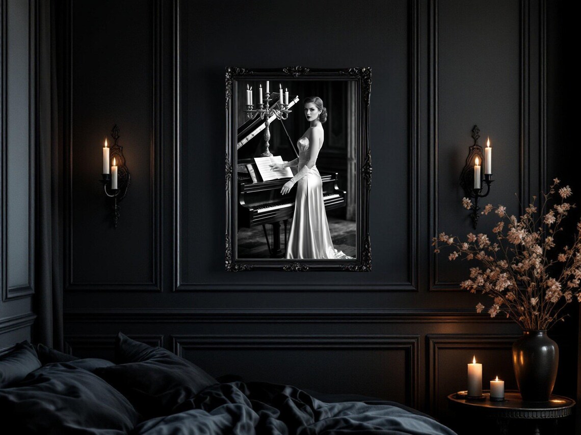 Woman in Satin Gown at Grand Piano with Candelabra, B&W Poster - Image 3