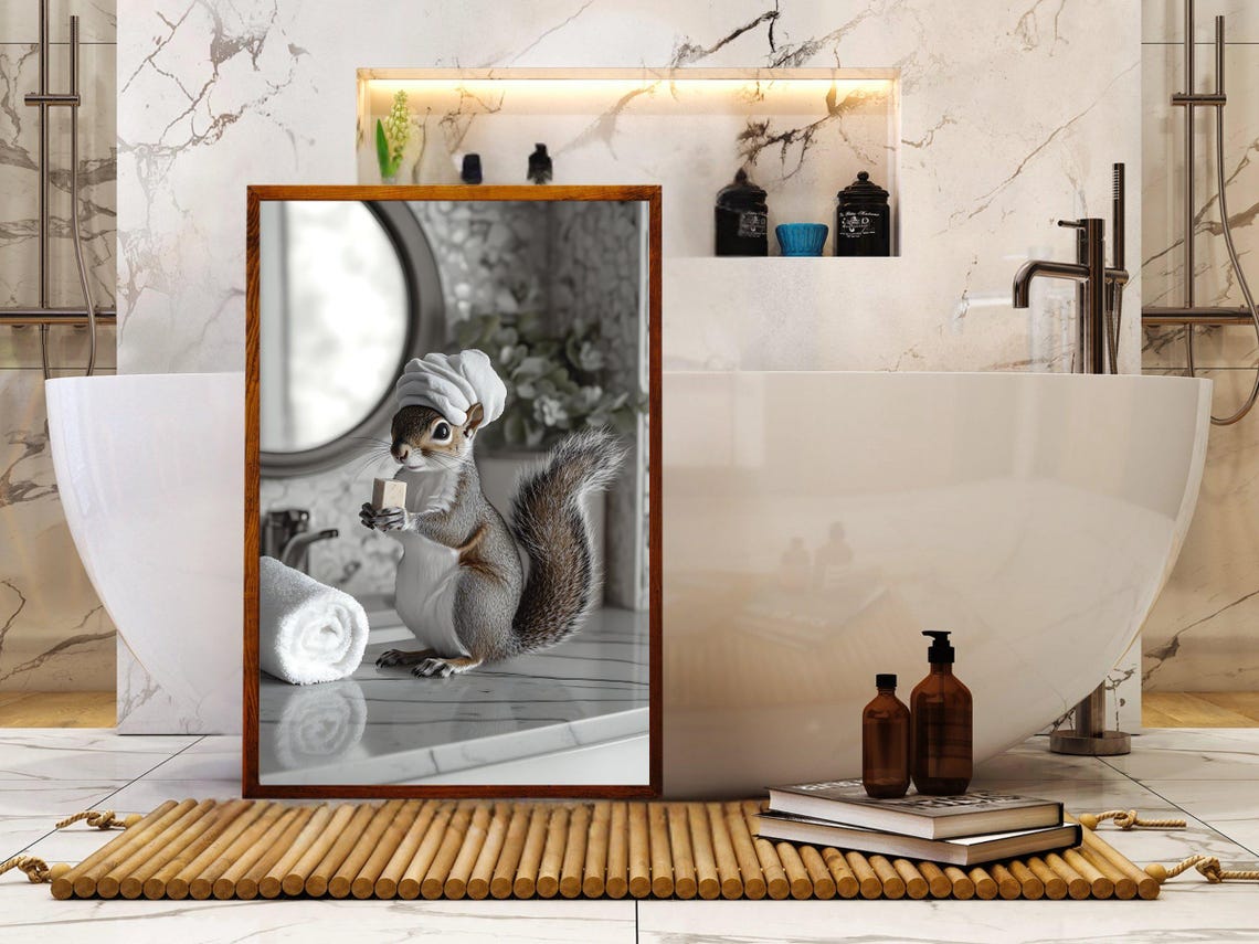 Cute Squirrel with Towel Turban Holding a Soap Bar Bathroom Poster - Image 5