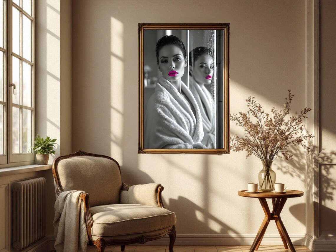 Woman in a Bathrobe With Bold Pink Lips in a Steamy Mirror Poster - Image 2
