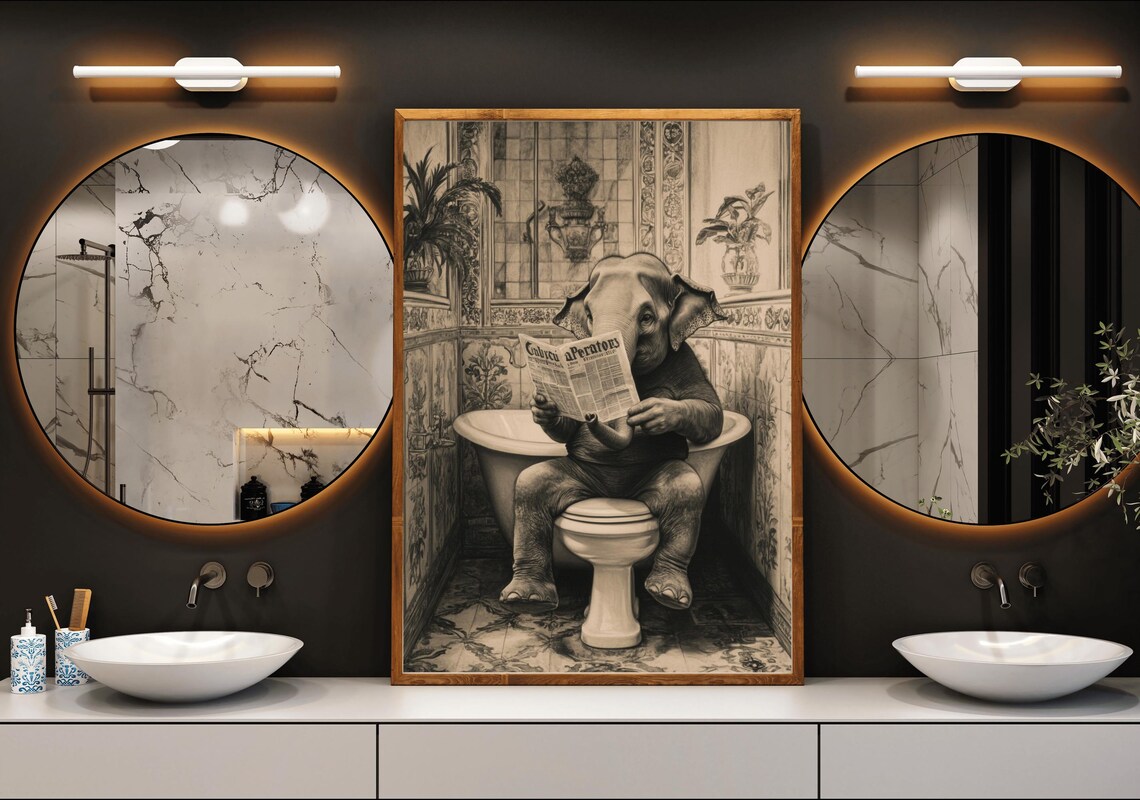 Baby Elephant Reading Newspaper On Toilet Funny Animal Poster - Image 3