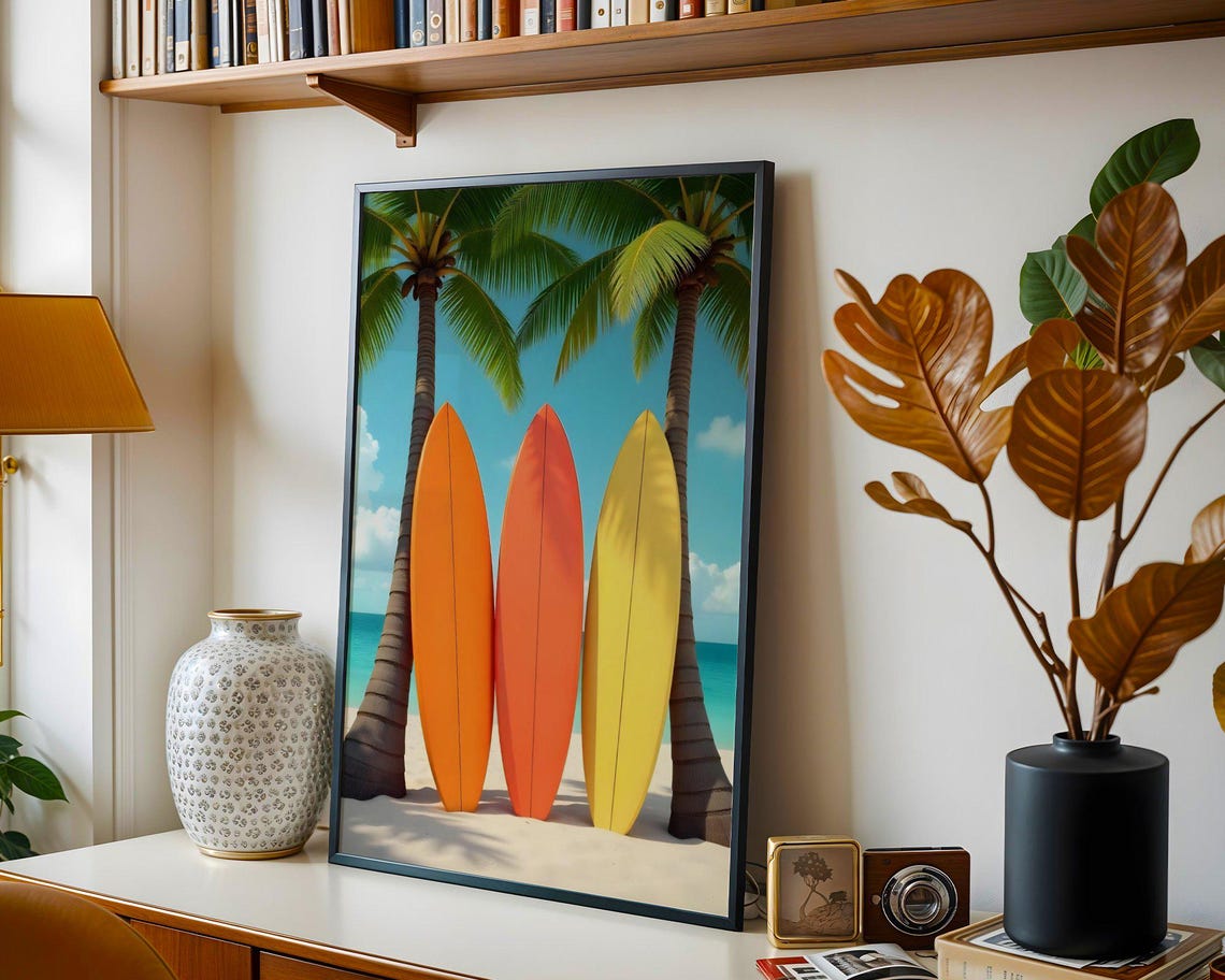 Surfboard Beach Wall Art Tropical Palm Tree Decor Ocean Surf Print Summer Vacation Poster Coastal Home Design Colorful Surf Art - Image 3