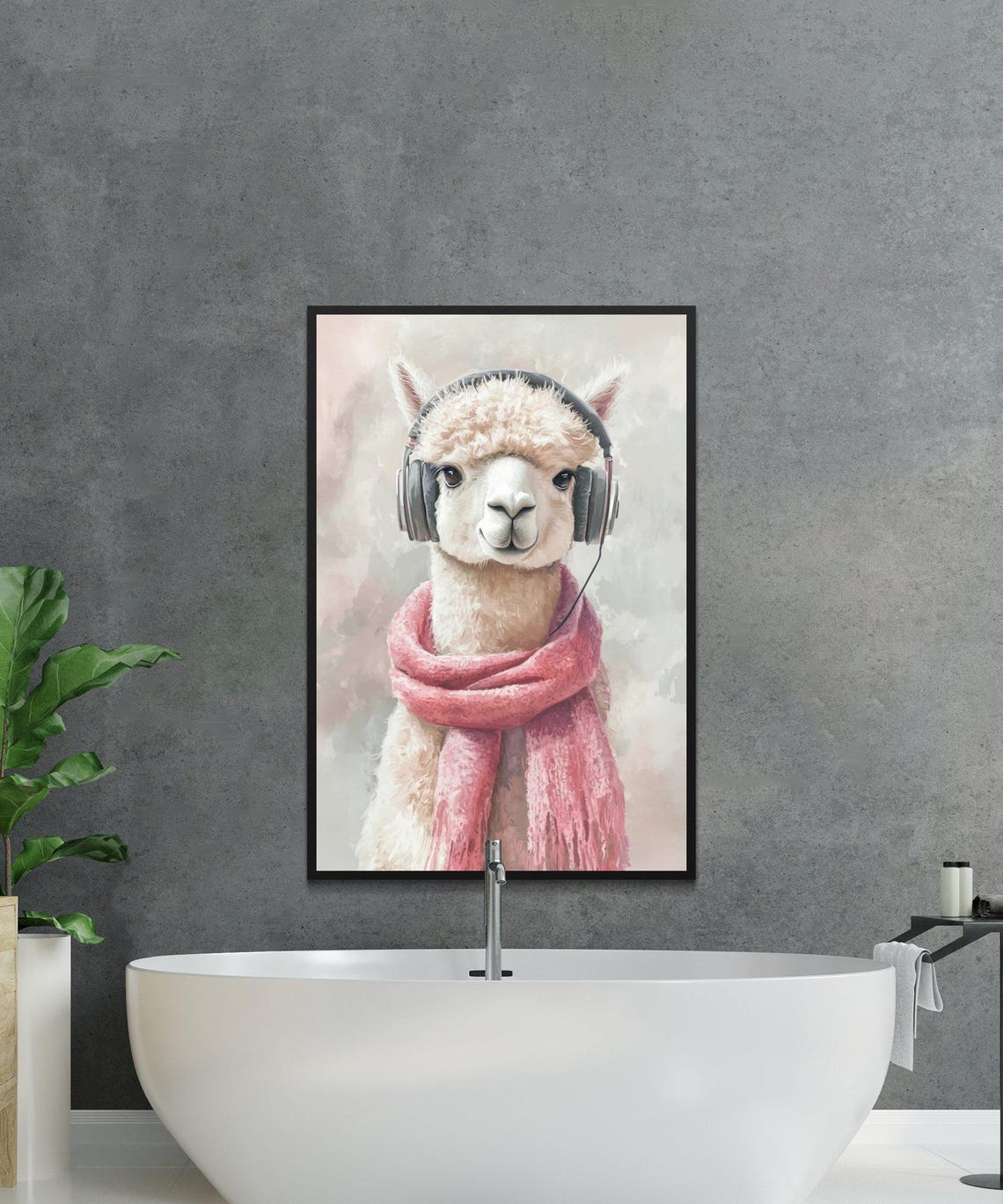 Alpaca Wearing Headphones and a Pink Scarf Watercolor Animal Poster - Image 3