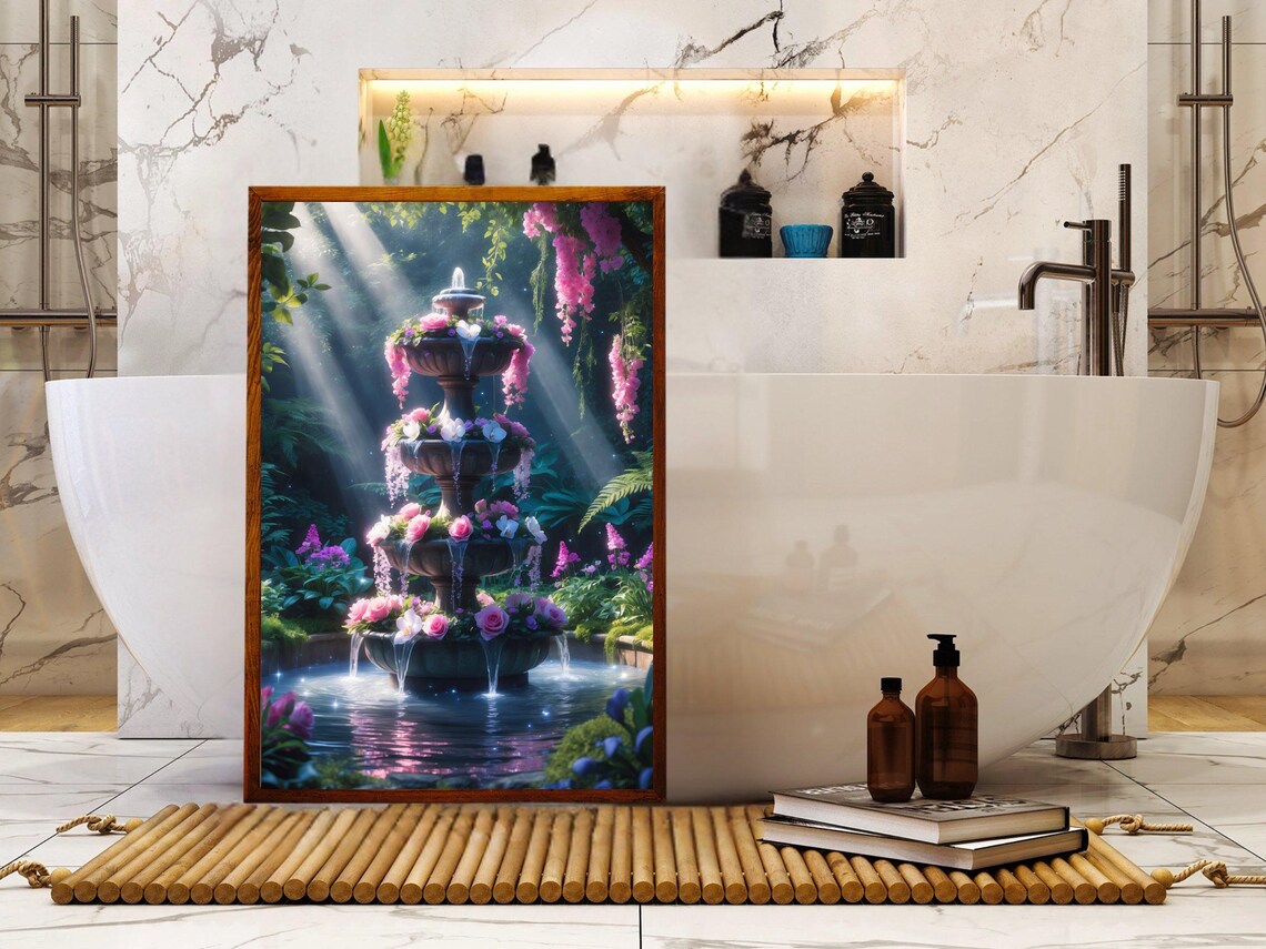 Tiered Garden Fountain With Pink Roses In Sunlit Bloom Poster - Image 5