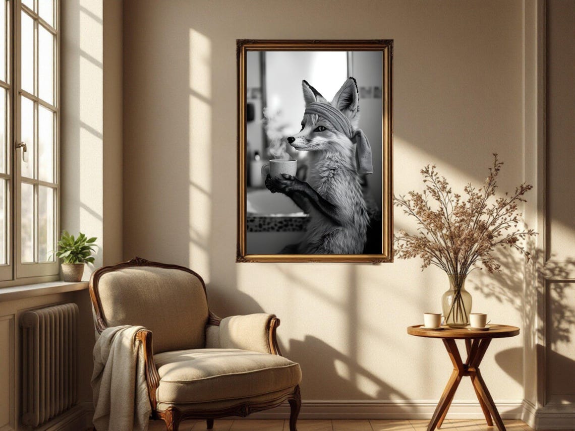 Fox With a Head Towel Holding a Steaming Cup of Coffee Poster - Image 4