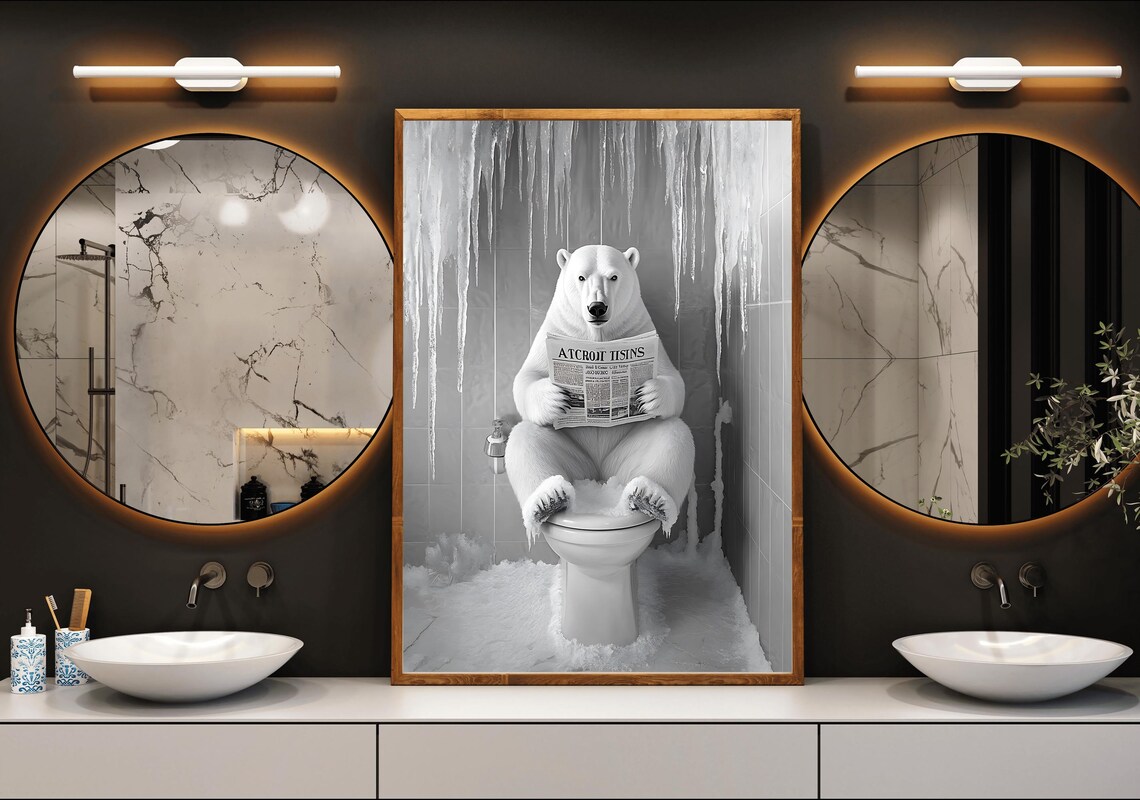 Funny Polar Bear Reading a Newspaper on the Toilet in Icy Bathroom Poster - Image 3