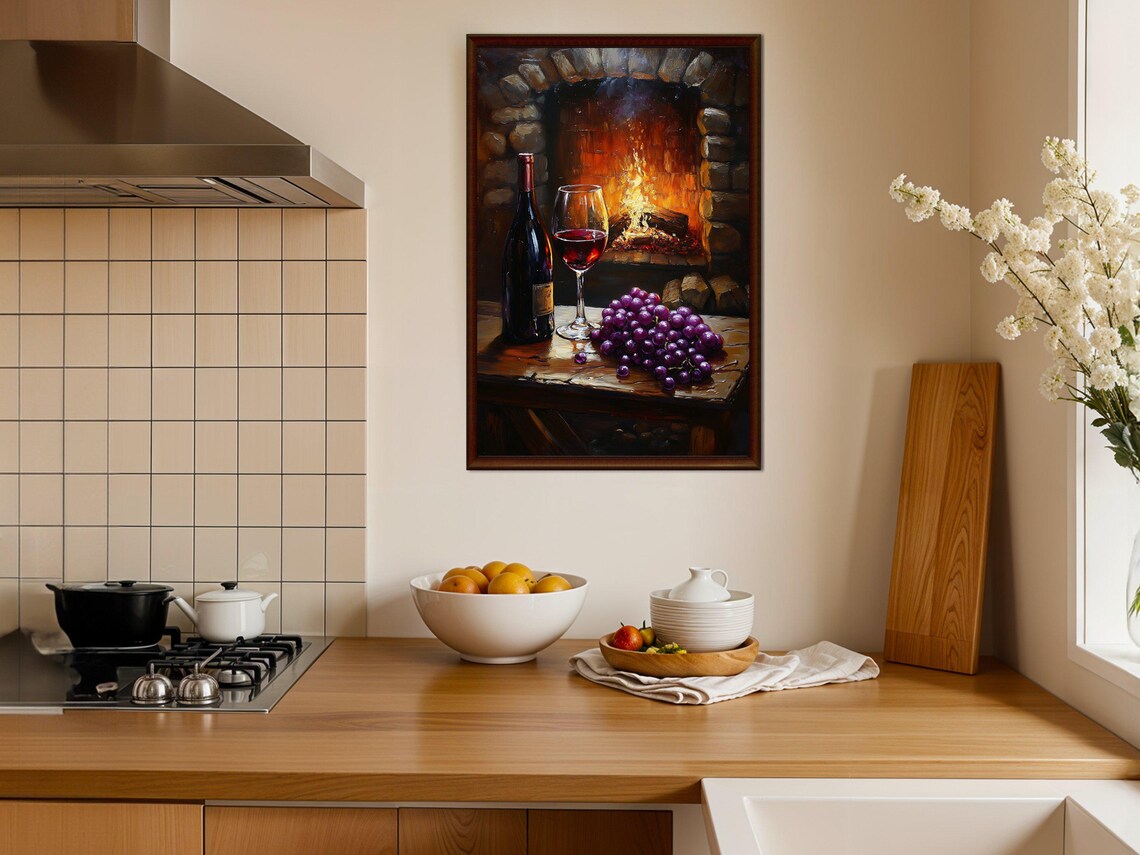 Red Wine and Grapes Still Life Painting by a Fireplace Poster - Image 3