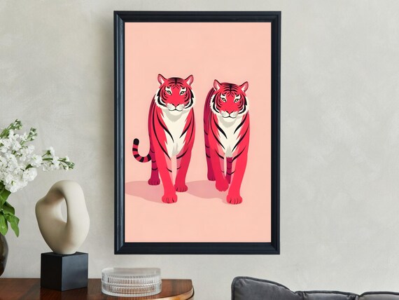 Pair of Red Tigers Walking Pink Background Modern Animal Art Print