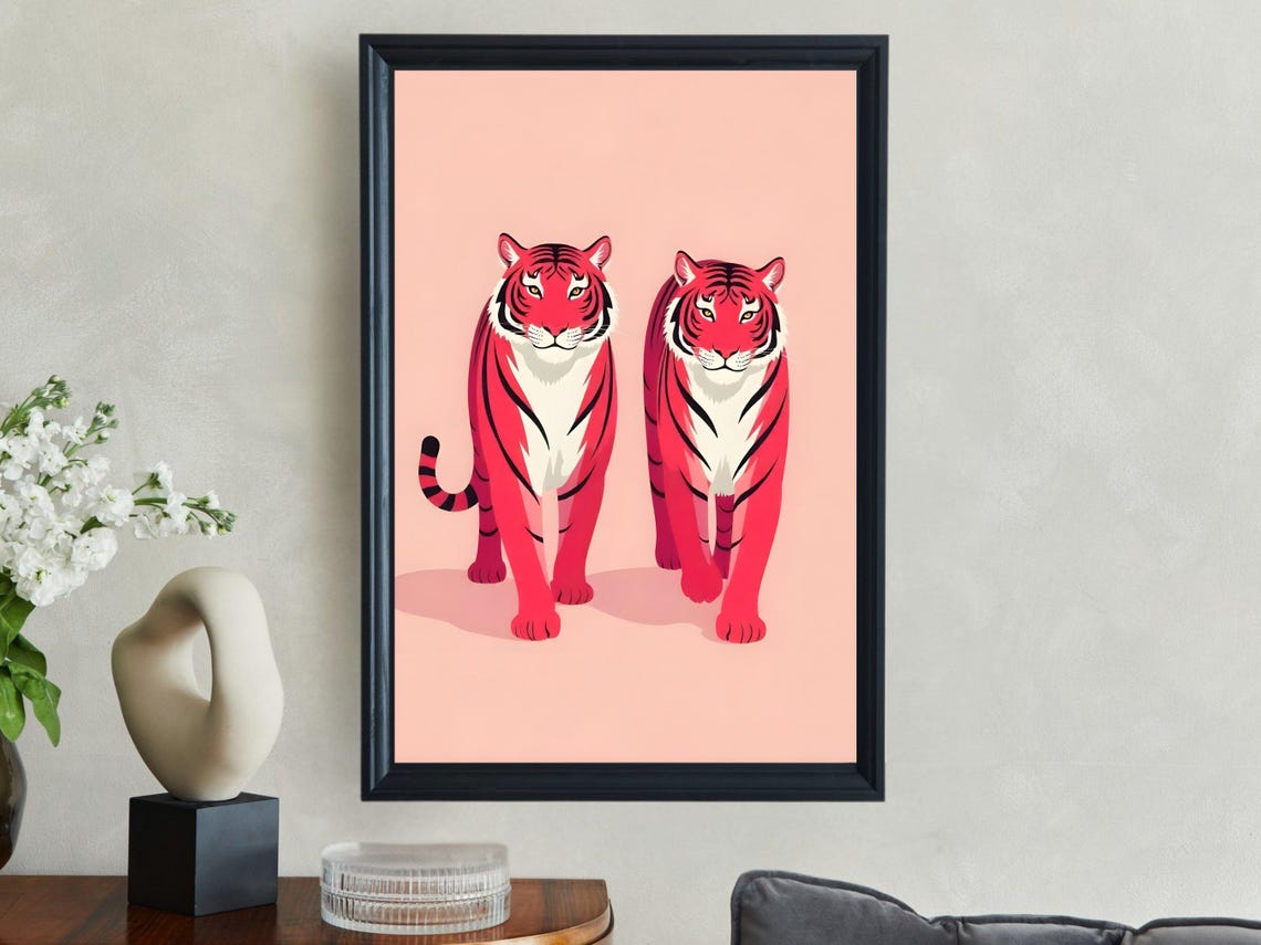 Pair of Red Tigers Walking Pink Background Modern Animal Art Print