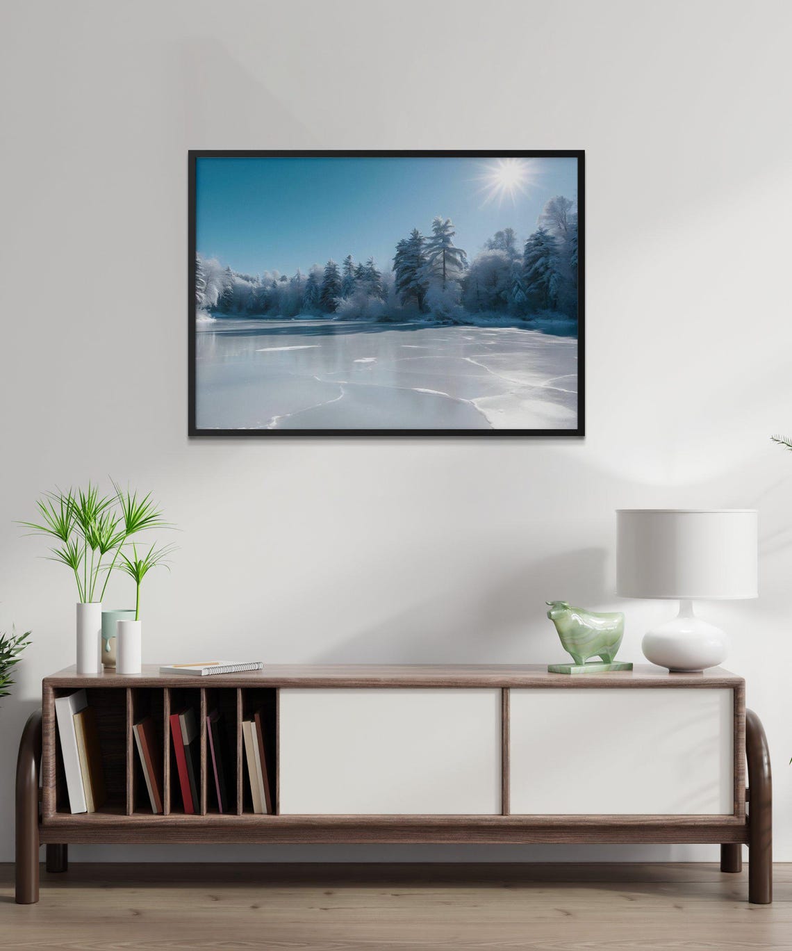 Frozen Lake with Frosted Forest Beneath a Brilliant Blue Sky Poster - Image 3