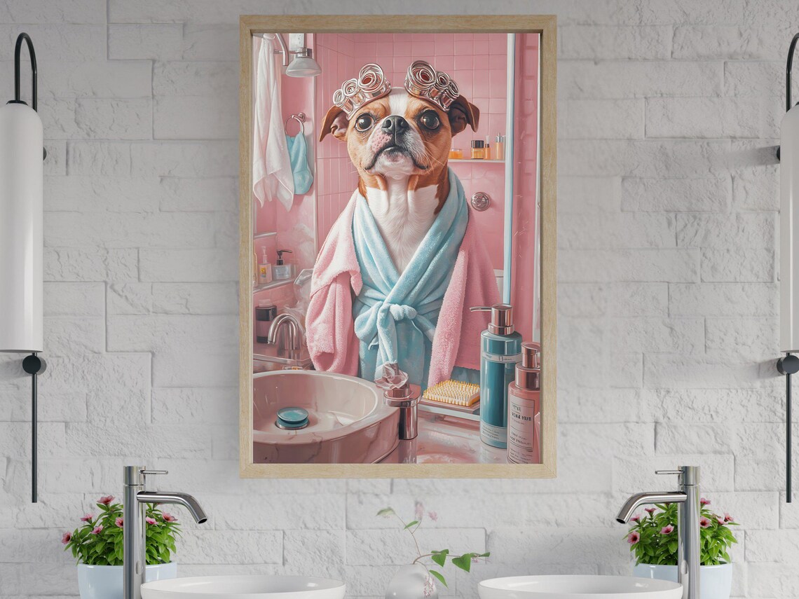 Adorable Dog With Hair Curlers Enjoying a Pink Spa Day Poster