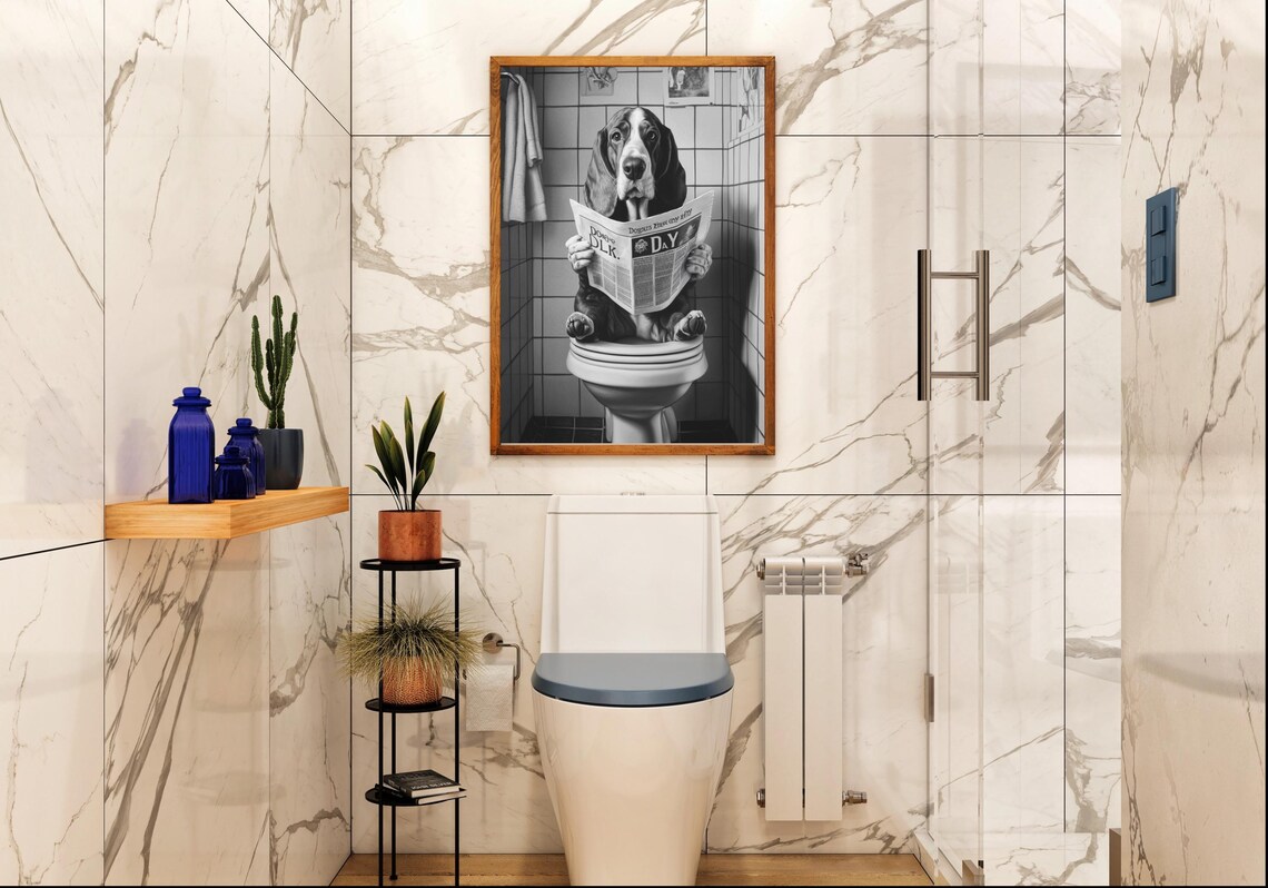 Basset Hound Reading Newspaper On Toilet Black And White Poster - Image 5