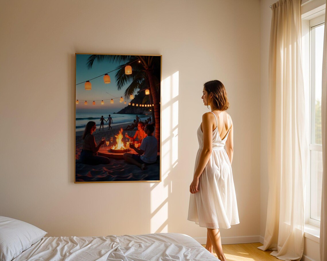 Coastal Beach Night Art Print, Romantic Firepit Scene - Image 4