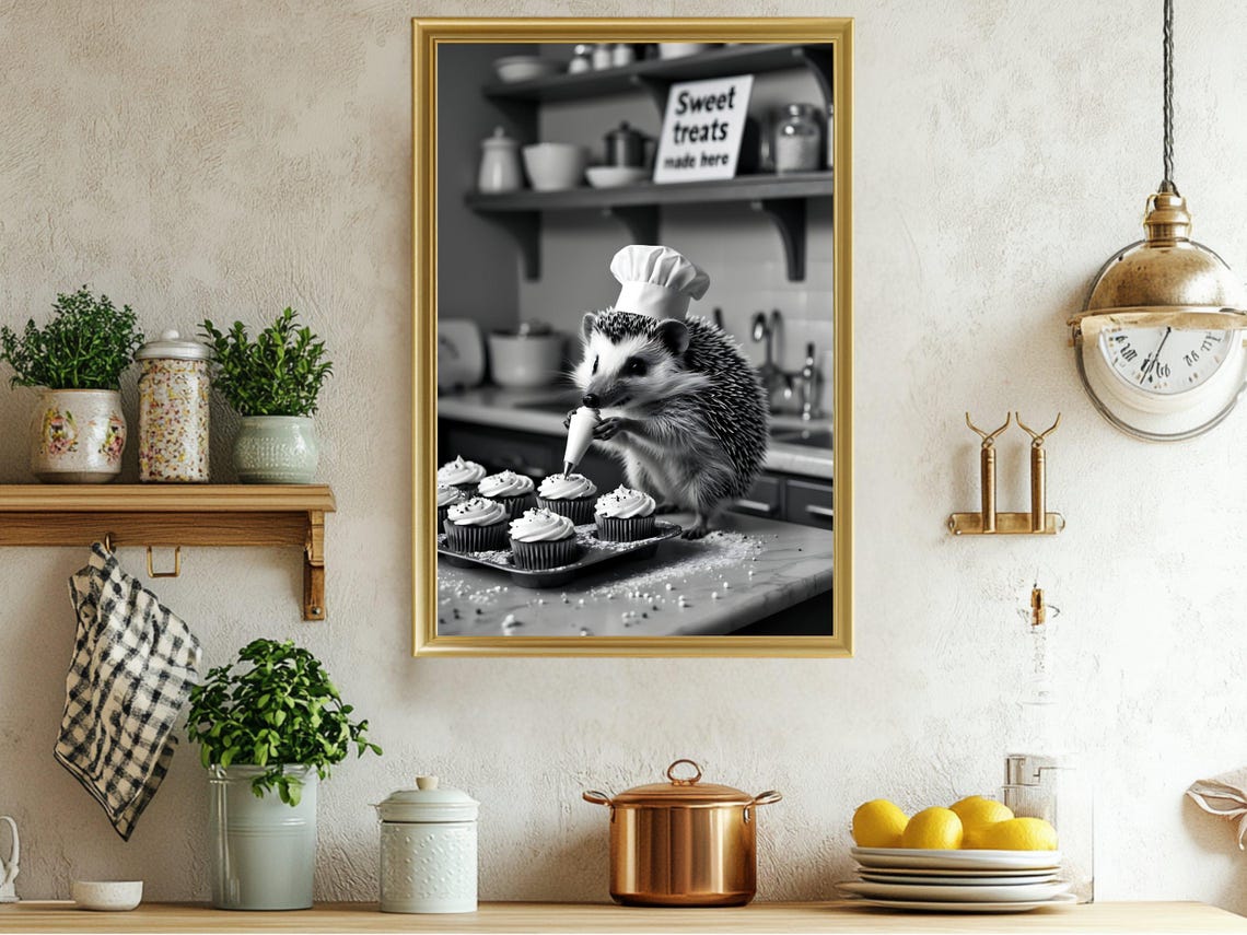 Adorable Hedgehog Chef Piping Cupcakes Bakery Animal Art Poster