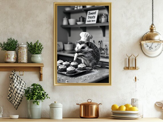 Adorable Hedgehog Chef Piping Cupcakes Bakery Animal Art Poster