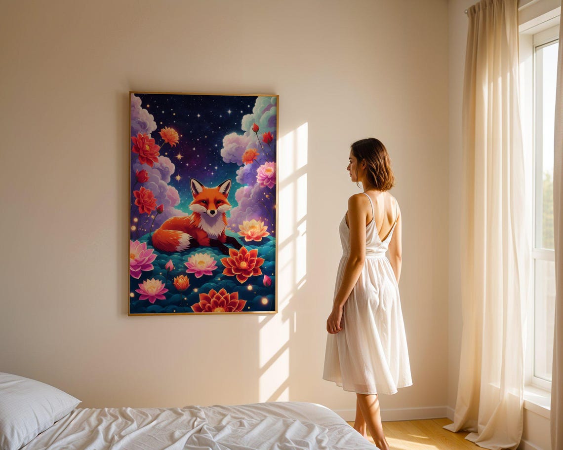Red Fox Lotus Flowers Starry Night Dreamy Floral Garden Art Print - Image 4