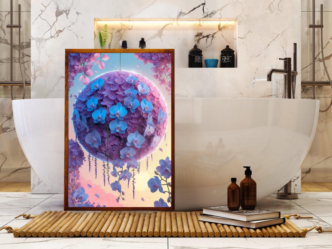 Hanging Sphere Of Blue Orchids And Purple Hydrangeas Floral Poster - Image 5