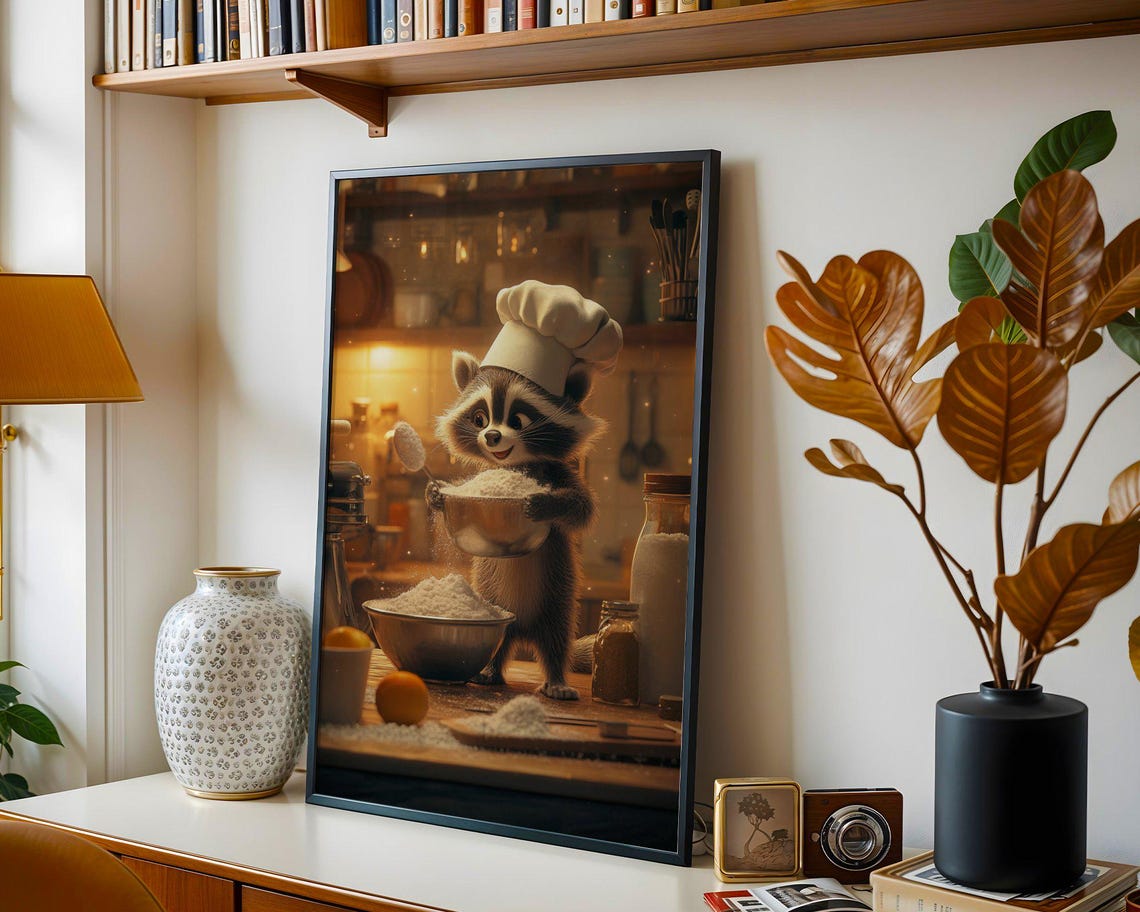 Raccoon Chef in a Toque Mixing Flour in a Cozy Kitchen Poster - Image 4