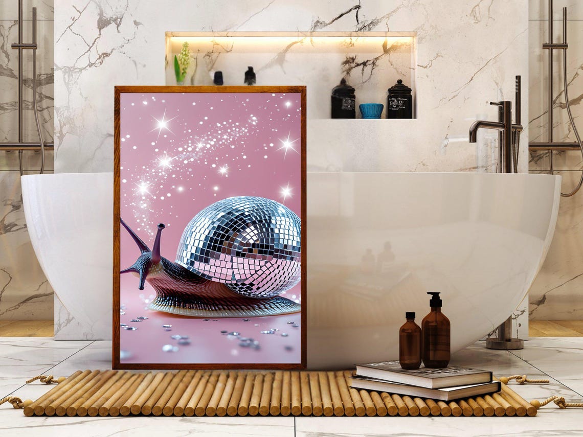 Snail With Disco Ball Shell Sparkling Pink Quirky Animal Poster - Image 2