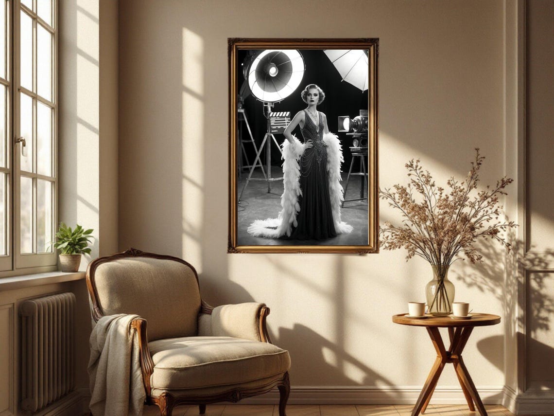 1920s Flapper Actress on Film Set with Lights, Art Deco Poster - Image 2
