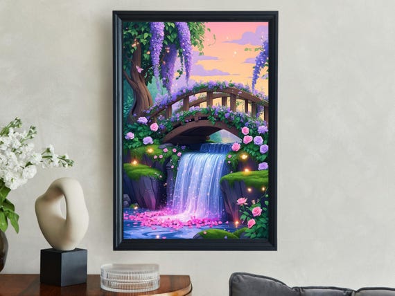 Beautiful Waterfall Garden Wall Art Dreamy Scenic Bridge Art Print Summer Flowers Landscape Poster Nature Inspired Home Decor