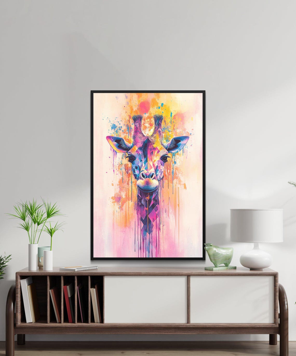 Colorful Geometric Watercolor Giraffe Head With Paint Drips Poster - Image 5