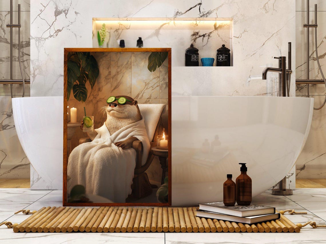 Otter in a Bathrobe With Cucumber Eyes Marble Spa Day Poster - Image 5