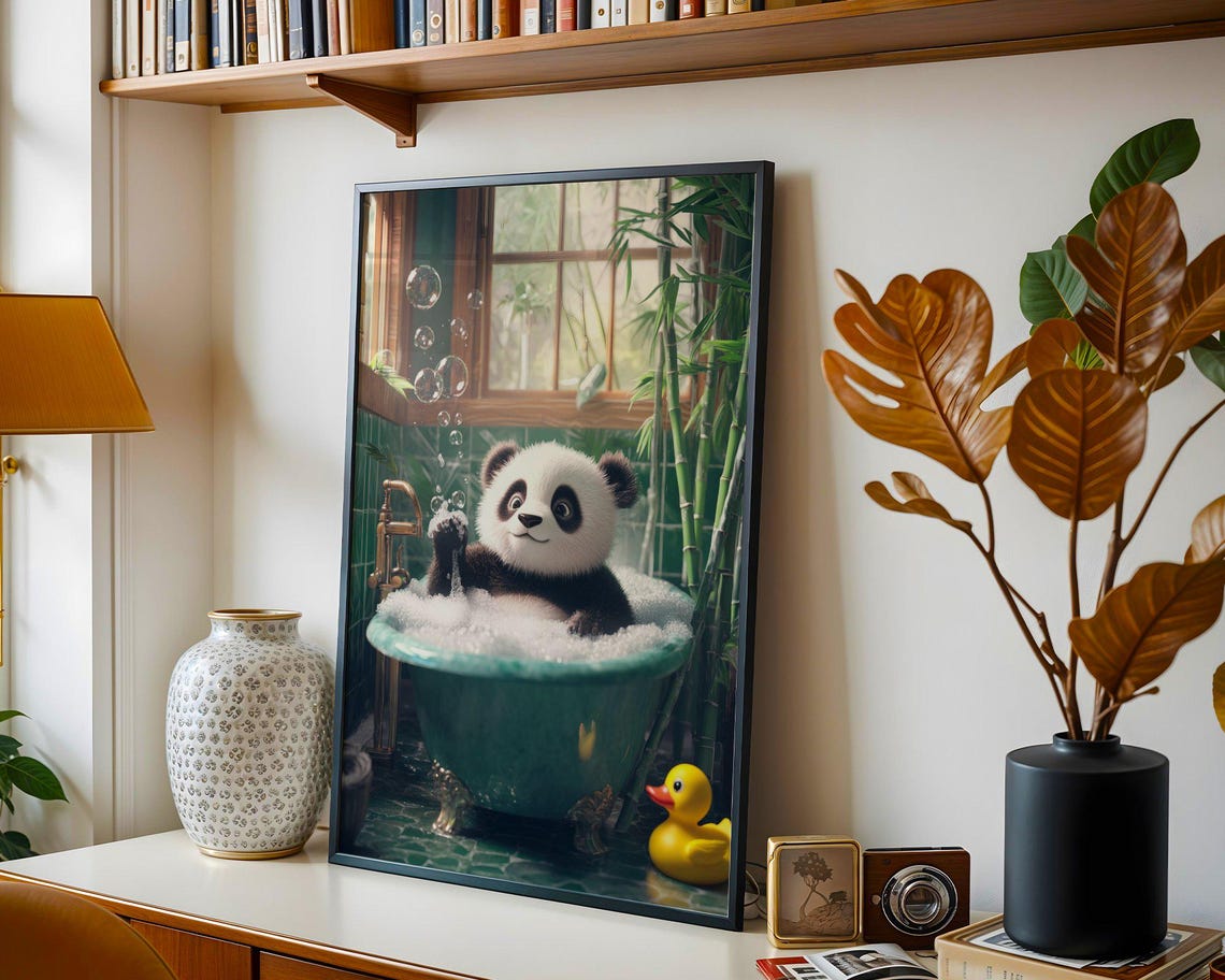 Cute Panda Bubble Bath with Rubber Duck Bathroom Fun Wall Art - Image 4