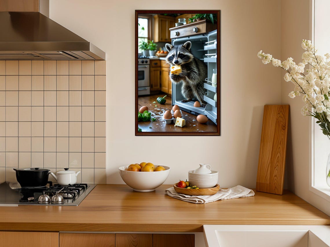 Mischievous Raccoon Raiding the Kitchen Fridge with Cheese Poster - Image 4