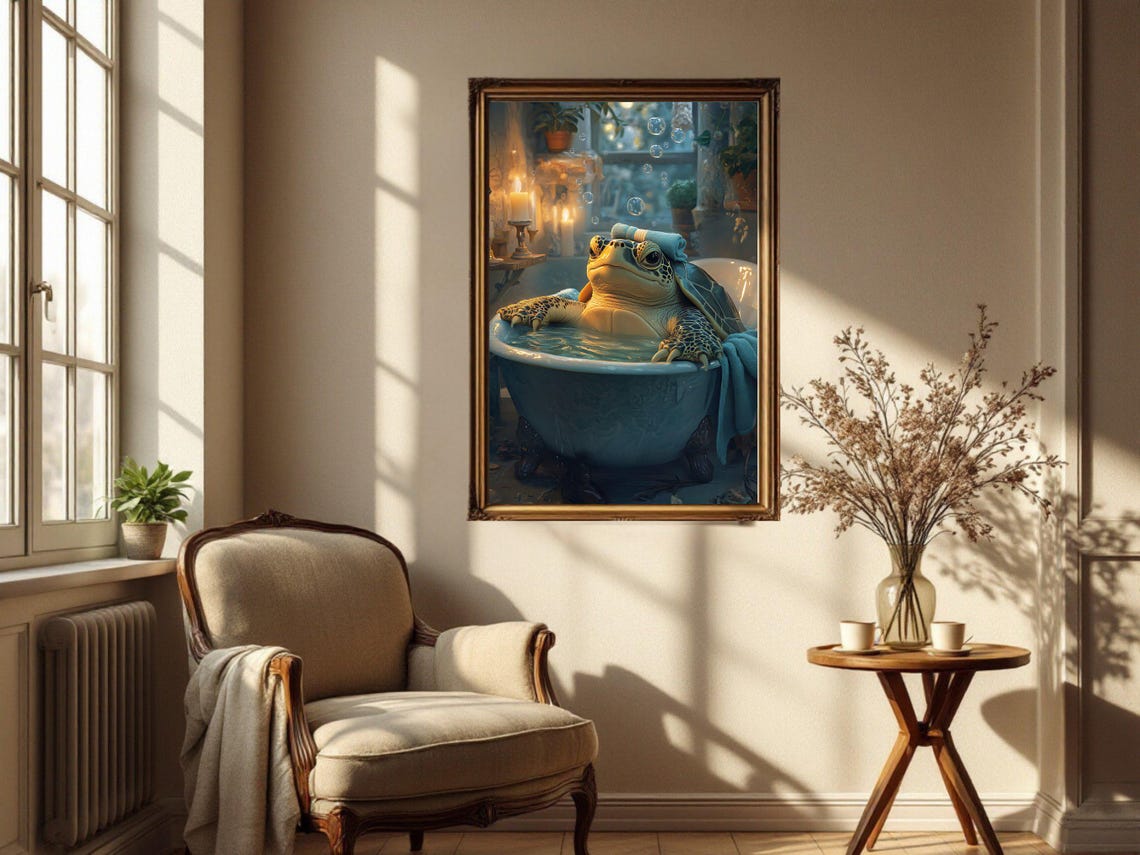 Relaxing Sea Turtle Soaking in a Candlelit Vintage Bathtub Poster - Image 4