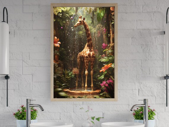 Giraffe Showering Under a Waterfall in a Tropical Jungle Poster