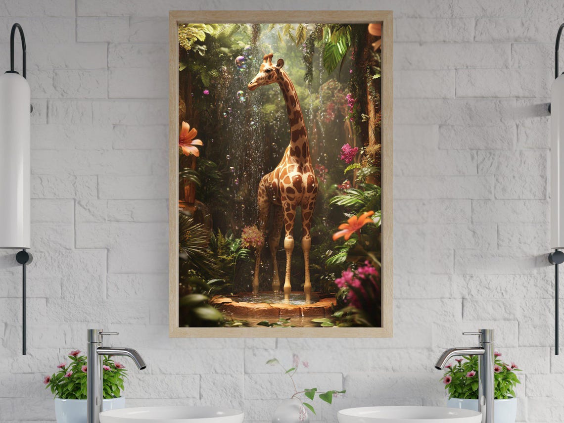 Giraffe Showering Under a Waterfall in a Tropical Jungle Poster